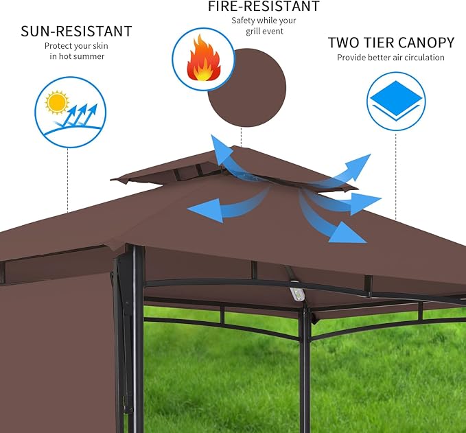 FAB BASED 5x8 Grill Gazebo with Extra Awning, All-Weather Steel Construction, Double Tiered & Resistant Canopy Roof, Metal Serving Shelves, 2 LED, Bottle Opener for Patio, Backyard, BBQ (Brown)