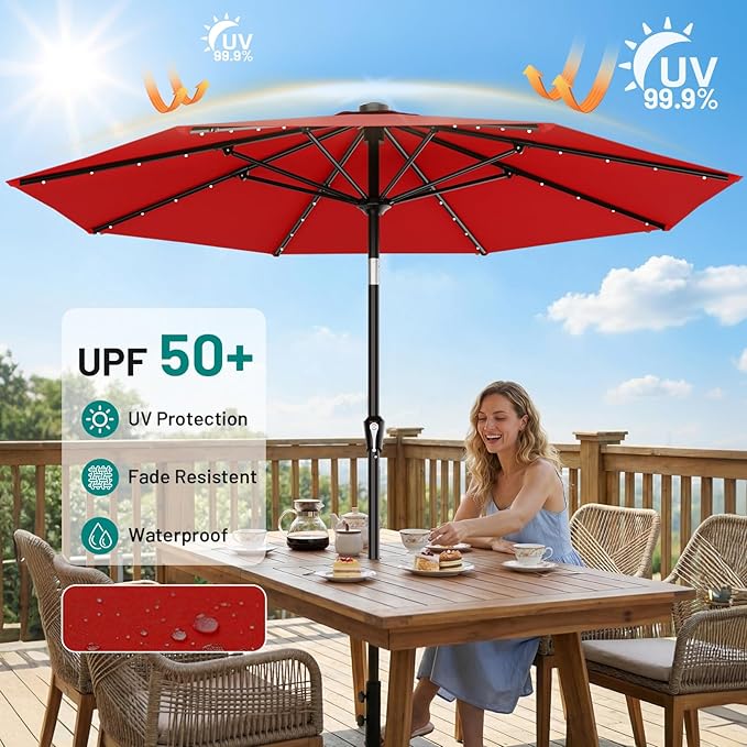 AreShark 9FT Patio Umbrella with Solar Lights, 32 Lighted Pool Umbrella w/Tilt and Crank, Outdoor Market Solar Umbrellas for Garden, Deck, Backyard, Pool and Beach, Red