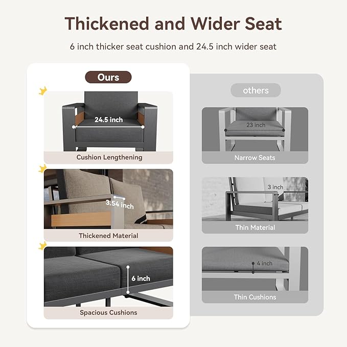 Aoxun Aluminum Patio Furniture Set, 7 Seats Luxury Metal Patio Furniture with Coffee Table, Thick Cushions and Waterproof Cover, Modern Outside Sectional Set for Backyard/Garden/Poolside, Dark Grey