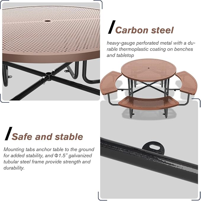 46'' Round Outdoor Metal Picnic Table Expanded,Lifetime Steel Picnic Table with Umbrella Hole,Heavy Duty Sturdy Commercial for Patio, Backyard, Garden, DIY (Includes 4 Built-in Benches),Coffee