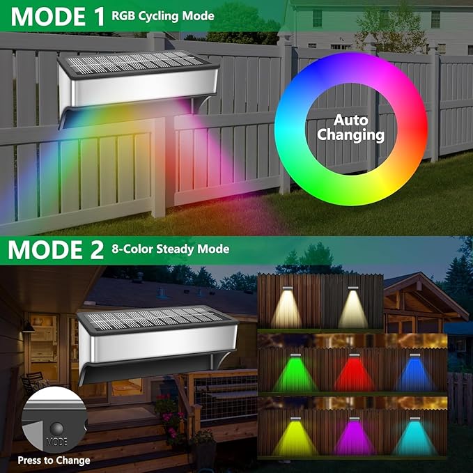 Solar Fence Lights Outdoor,Step Lights Solar Powered with 9 Lighting Options, IP65 Waterproof, Deck Light Solar Powered for Outside/Backyard/Patio/Wall/Railing/Pool/Stair (2 Packs)