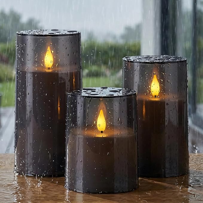 Homemory 3"×4" 5" 6" Battery Candles with Remote & Timer, Gray Acrylic Realistic Flickering LED Pillar Candles, Waterproof Fake Candle for Home and Lantern Decor, Set of 3