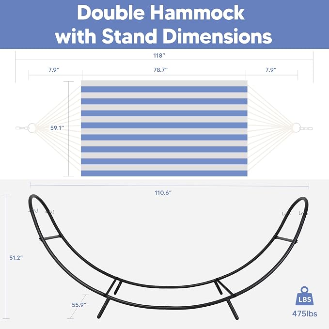SUNCREAT Hammocks for Outside with Stand, Porch Hammock and Stand, 475 lbs Capacity, Patent Pending, Blue & White
