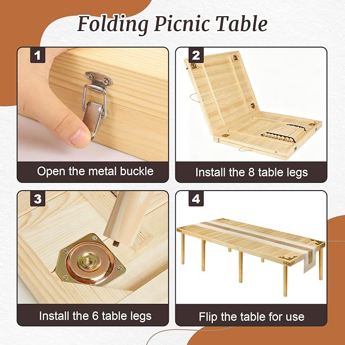 Low Picnic Table with 2 Adjustable Heights – Boho Wooden Picnic Table with Table Runner, 95" x 34" Size for 10, Portable & Foldable for Beach, Camping & Forest