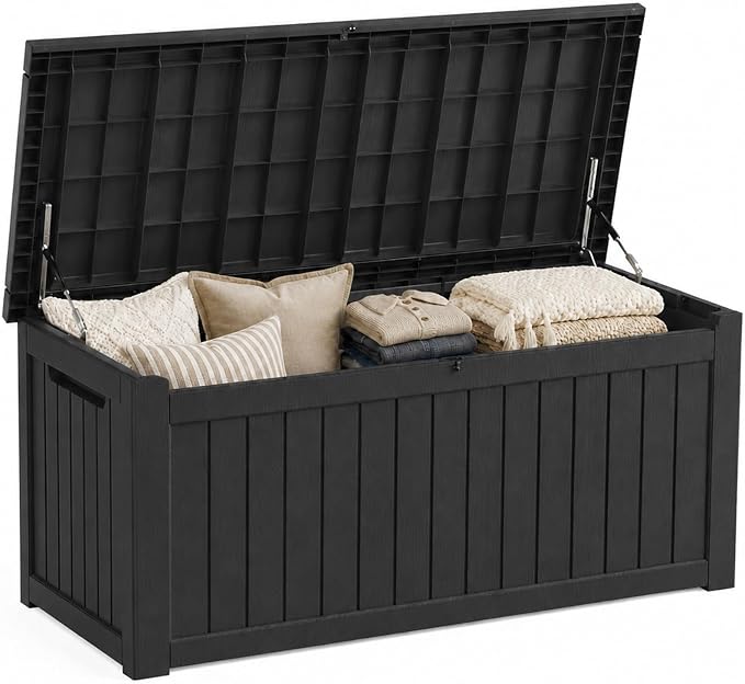 MAKINO 274 Gallon Large Waterproof Deck Box, Heavy Duty Resin Outdoor Storage Box, Outside Storage Bench with Hydraulic Rod for Patio/Furniture Cushions/Garden Tools/Backyard/Pool Accessories, Black