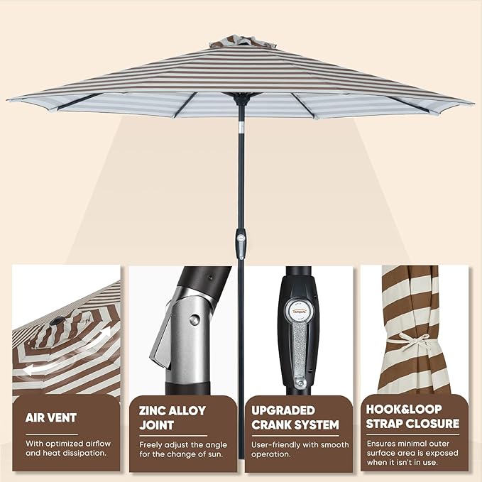 Tempera Patio Market Outdoor Table Umbrella with Auto Tilt and Crank, Large Sun Umbrella with Sturdy Pole & Fade Resistant Canopy, Easy to Set
