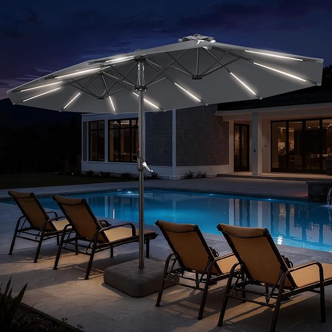 HOMSHADE 15FT Double Sided Umbrella with Light Bar and Base, Rectangle Oversized Patio Umbrellas, Extra Large Outdoor Table Umbrella for Pool, Patio, Garden (Dark Gray)