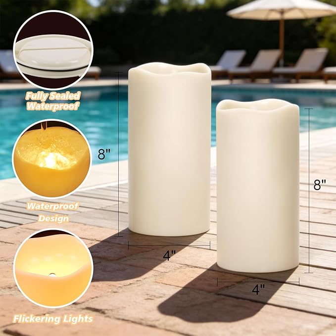 Eldnacele Large Outdoor Solar Flameless Candles Waterproof, 4" x 8", Solar Powered Dusk to Dawn Plastic LED Flickering Pillar Candles for Garden Patio Lanterns Wedding Holiday Decor(2 Pack White)