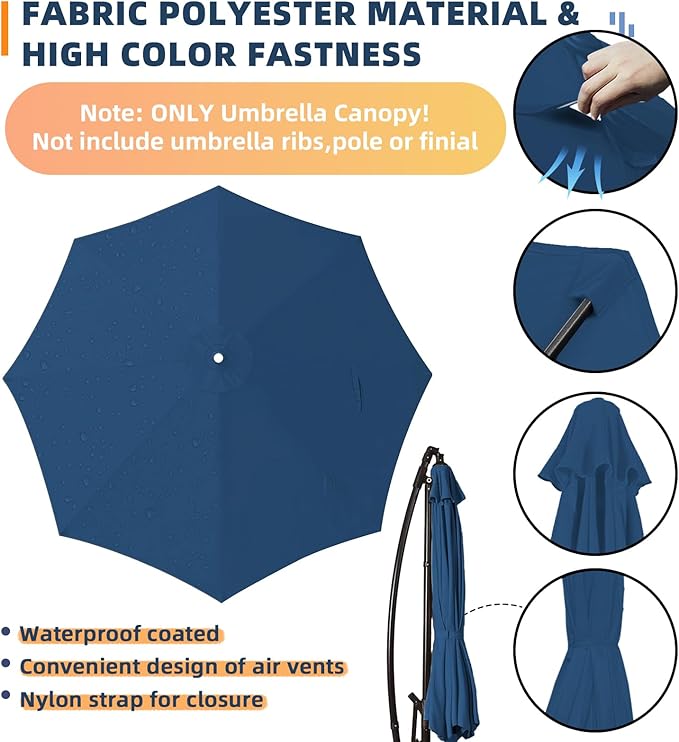 10ft Patio Umbrella Replacement Canopy for 8 ribs, Fits Hanging Offset Cantilever Market Outdoor Patio Shades，Canopy Only