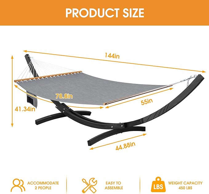 Lazy Daze Hammocks 12 FT 2 Person Double Quick Dry Olefin Blend Hammock with Curved Steel Heavy Duty Stand for Outside, Backyard, Patio, 450 Lbs Capacity, Grey