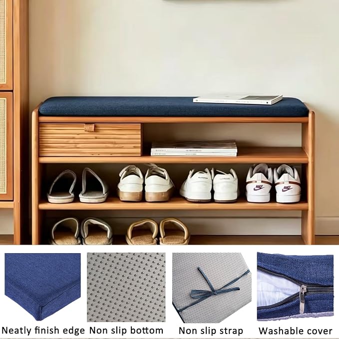48 x 14 Inch Piano Bench Cushions with Strap for Indoor Furniture,Navy Blue | Non slip high density foam bench seat cushion for kitchen dining room,shoe storage, entry way,window, settee
