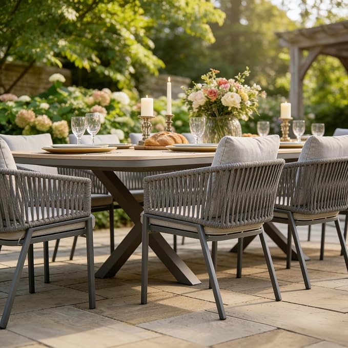 SUNSITT 7 Piece Outdoor Patio Dining Set, Patio Dining Furniture Set with 87” Aluminum Dining Table w/X Base Legs and 6 Woven Rope Outdoor Patio Chairs w/Curved Armrest for Garden, Dark Grey