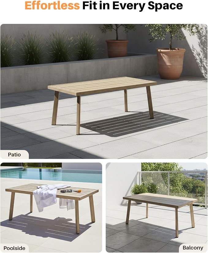 Patio Coffee Table, Never-Rust Aluminum Outdoor Coffee Table with Wood Grain Texture, Modern Rectangle Garden Coffee Table with Slatted Tabletop for Poolside, Decks, Indoor, Balcony, Gray Oak