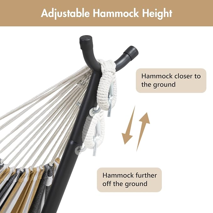 ANOW Space Saving Hammock with Stand Included, Heavy-Duty Hammock Stand with Adjustable Height for Indoor Outdoor, 475 Lbs Capacity, Coffee Stripes
