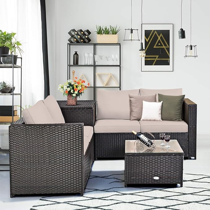 Tangkula 8 Piece Wicker Patio Set with Storage, All Weather-Proof Outdoor Conversation Set, with Loveseat, Glass Top Coffee Table & Storage Box, Suitable for Garden, Poolside, Sunroom (2, Brown)