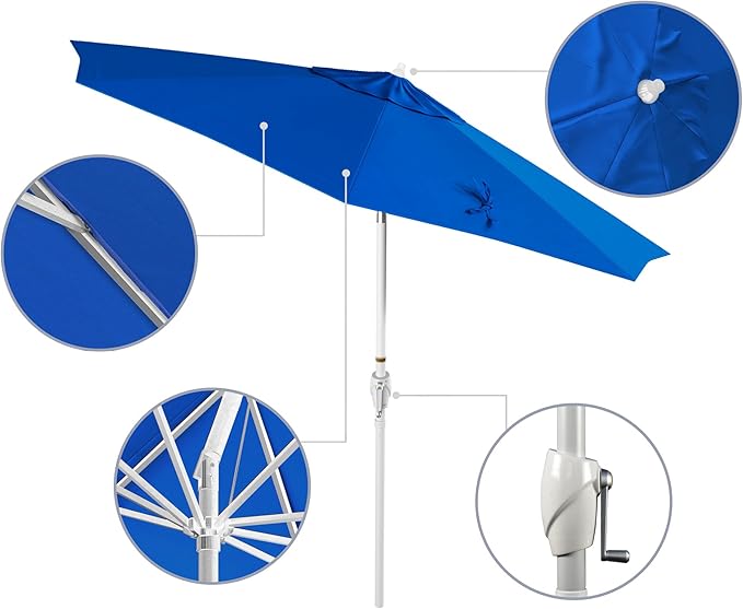 California Umbrella 12-Year Protection 9' Rd Aluminum Patio Umbrella, Crank Lift, Auto Tilt, White Finish, Sunbrella Pacific Blue