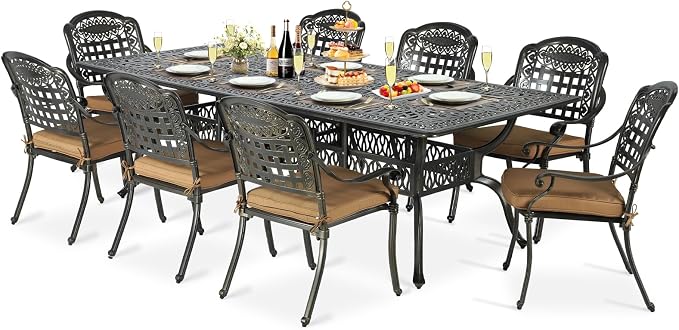 9-Piece Patio Cast Aluminum Dining Set, Outdoor Table and Chairs Set for 8, Includes 94.5" Rectangular Dining Table and 8 Cushioned Chairs with Umbrella Hole for Backyard Lawn Garden, Tan