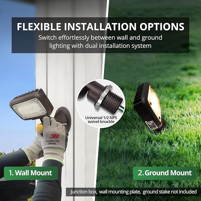 GKOLED 15W Outdoor LED Flood Security Lights, Waterproof Landscape Lighting, 50W PSMH Equivalent, 1370 Lumens, 3000K Warm White, 120-277V, 1/2" Knuckle Mount, Compact Size, UL-Listed
