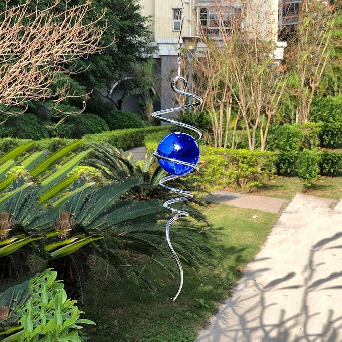 FONMY Gazing Ball Spiral Tail -Decorative Wind Spinner 11" inch Tail and 2" inch Blue Glass Orb. Indoor Outdoor Garden Decoration -13 inch Height