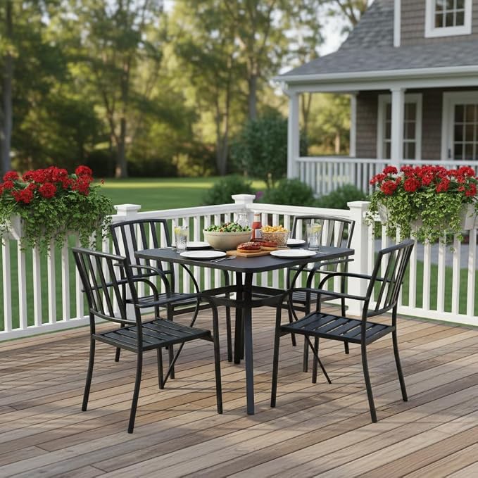 Tangkula 32-Inch Metal Patio Dining Table for 4, Outdoor Dining Table with Powder-Coated Metal Frame & Wood-Like Grain Tabletop, Square Outside Bistro Table for Backyard Garden Poolside Porch, Grey