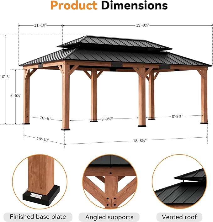 Modern Shade Rosewood Wood Gazebo 12' x 20', Hardtop Gazebo Permanent with Double Galvanized Steel Roof, Cedar Outdoor Gazebo with Sturdy Hooks for Garden, Backyard, Patio, and Deck