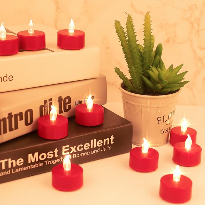 Tea Light, 24Pack Flameless LED Tea Lights Candles Flickering red 200+ Hours Battery-Powered Tealight Candle. Ideal for Party, Wedding, Birthday, Gifts and Home Decoration (Red)