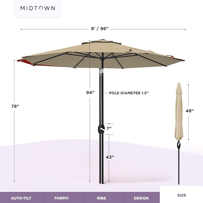 Midtown Umbrellas - 10-Year-No-Fade 8 Ft Patio Umbrella with Terylast Fabric, Auto-Tilt Aluminum Frame and 8 Reinforced Ribs for Deck, Pool, Garden & Beach - Chestnut Beige Canopy, Black Pole