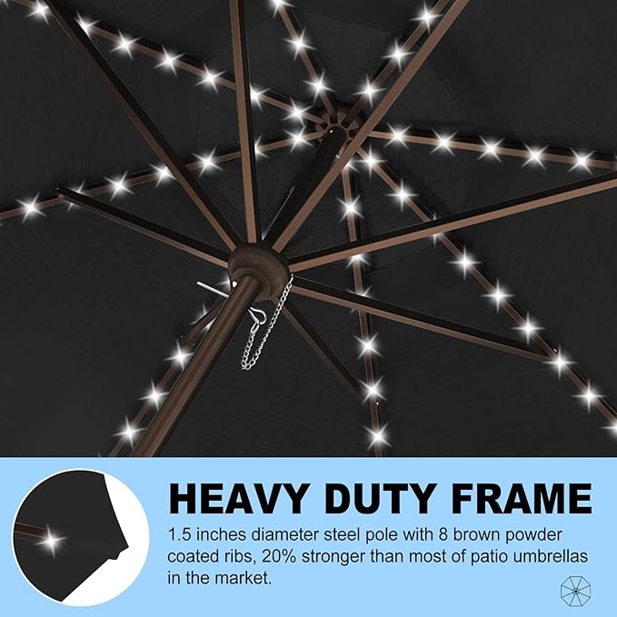 Eurmax USA 10-Year-Non-Fading 10FT 3-Tier Outdoor Patio Market Umbrella with LED Lights,UPF50+ UV Resistant,Commercial Grade,Crank Lift Design,Windproof Vented Top for Garden,Pool,Deck,Black