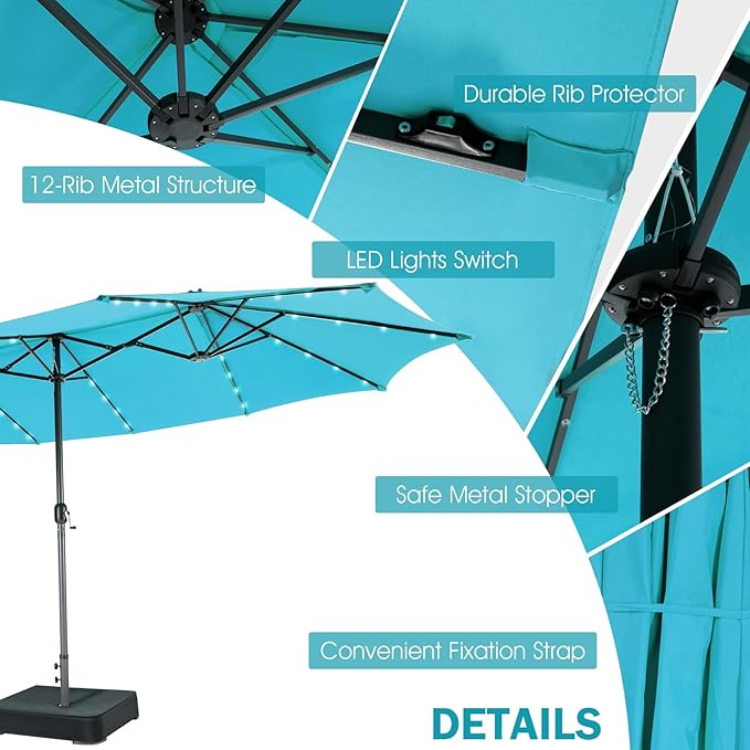 Giantex Large Outdoor Umbrella Double-Sided, 48 Solar Lights, Auto-Charging Solar Panel, Extra Large Patio Umbrella with Base and Crank, Outdoor Market Umbrellas for Poolside Garden