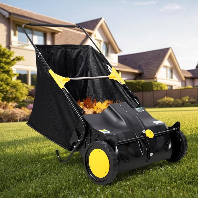 21" Hand-Push Lawn Sweeper | 4 Heavy-Duty Brushes & Wheels, Adjustable Height, 3.5 FT Large Hopper | for Efficient Leaf and Grass Collection in Lawns, Yards, Gardens