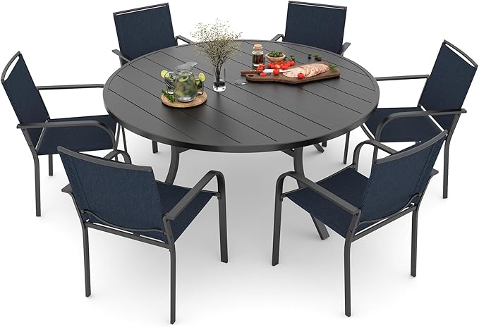 Anmutig Large Outdoor Patio Chairs and Table Set for 6 Person with 54" Round Dining Table and Stackable Navy Blue Textilene Chairs