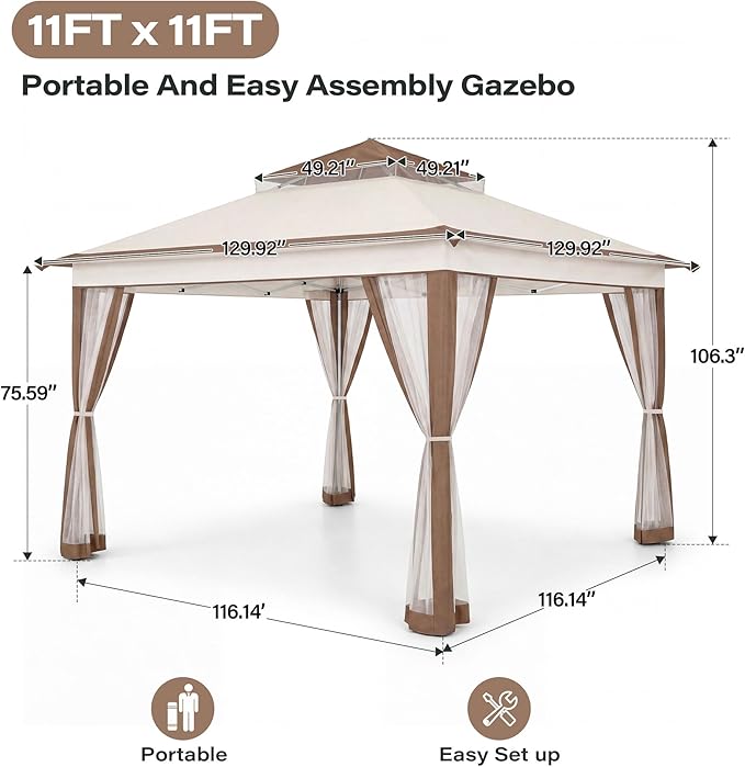 LAUSAINT HOME 11x11 Pop Up Gazebo Canopy Tent with Mosquito Netting, Instant One-Push Setup, Adjustable Height Outdoor Canopy Shelter with Carry Bag for Patio, Backyard, Camping, Parties & BBQs, Khaki