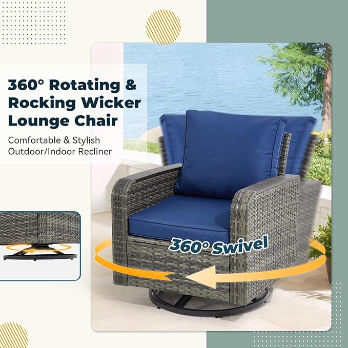7 Pieces Outdoor Patio Furniture Set with Swivel Chairs, Wicker Patio Furniture for Porch Deck Bistro Lawn Garden Backyard Poolside-Blue