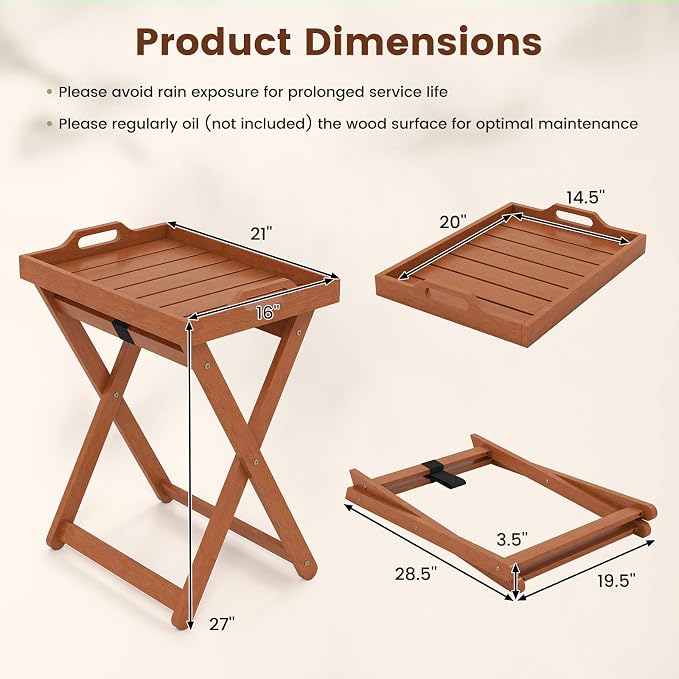 Tangkula Outdoor Wood Tray Table, Patio Portable Side End Table with Removable Serving Tray and Folding Frame, Outside Coffee Bistro Furniture for Porch, Balcony and Garden (1)
