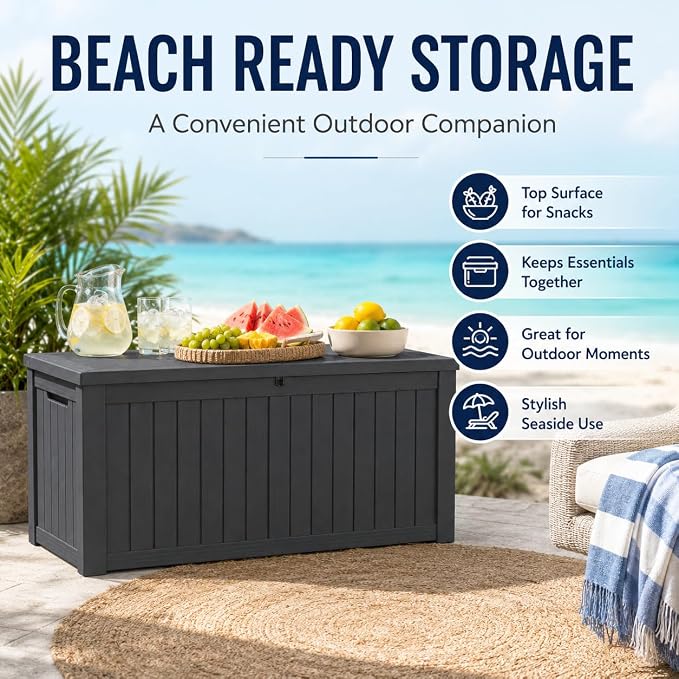 Outdoor Deck Patio Storage Box - 140 Gallon Large Outdoor Deck Box, Plastic Storage Bin with Lid, Outside Toy Box & Pool Storage Container for Cushions, Garden Tools, Towel, Black