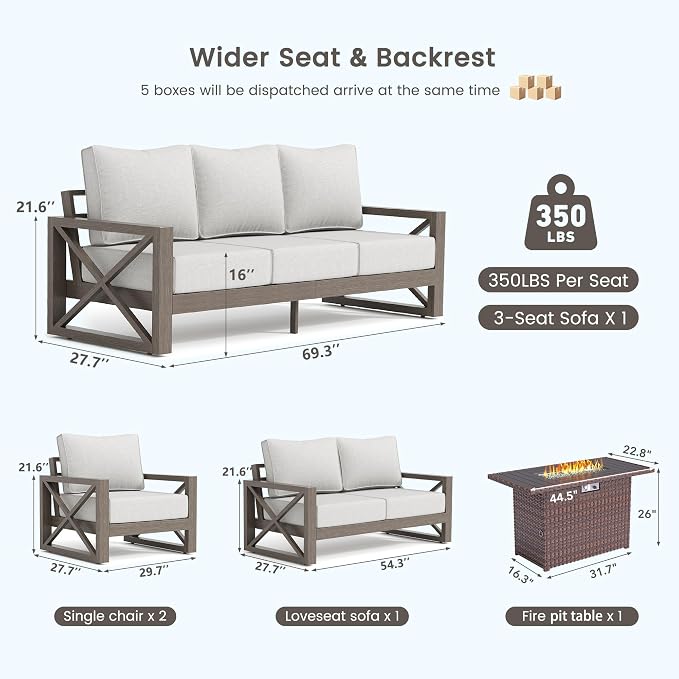 UDPATIO Aluminum Patio Furniture Set, Faux Wood Grain Modern Outdoor Furniture, 6" Cushions Metal Patio Conversation Sofa with Fire Table for Poolside Deck, 6 PCS, Beige(Include 600D Covers)