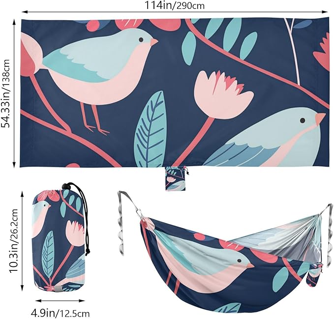 Cartoon Teal Pink Flowers Birds 330lb Capacity Camping Hammock with Portabl Carry Bag Fabric Hammock for Outside Beach Patio Garden capas para la Lluvia