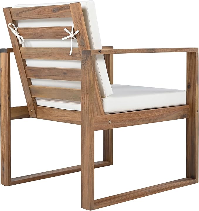 7 Piece Outdoor Patio Dining Set, Patio Table and 6 Armchairs Set with Umbrella Hole and Removable Cushion, All-Weather Acacia Wood Patio Furniture Set for Garden Backyard Lawn (Brushed Light Teak)