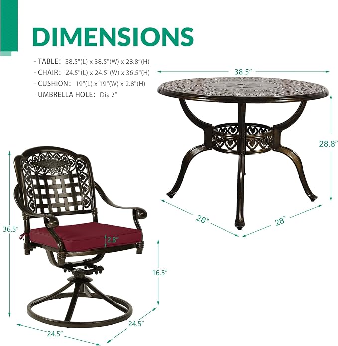 VIVIJASON 5-Piece Outdoor Patio Dining Set, All-Weather Cast Aluminum Conversation Set, Patio Furniture Set for Backyard, Include 4 Swivel Chairs, a 38.5" Round Table w/Umbrella Hole, Red Cushion