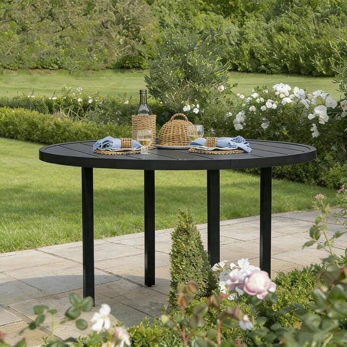 7 Piece Outdoor Dining Set, 47" Black Round Outdoor Dining Table with 2 Grey Swivel Outdoor Dining Chairs and 4 Fixed Patio Table and Chair Set of 6 for Lawn, Garden, or Porch