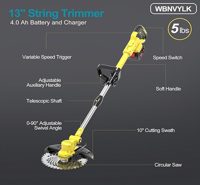 Electric Weed Wacker Cordless, Battery Powered Weed Eater String Battery, 21V Electric Weed Eater, for Lawn, Bush Trimming(with 2 x 4.0Ah Batteries and Fast Charger Included)（Huang）