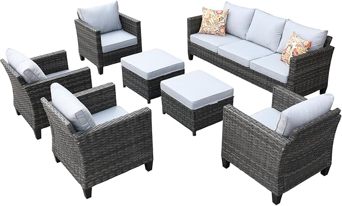 HOOOWOOO 7-Piece Patio Furniture Set–Stylish,Comfortable Outdoor Rattan Sofa Set with 4 Chairs,2 Ottoamns,Weather-Resistant Patio Conversation Set for Deck,Garden,Balcony (Grey)