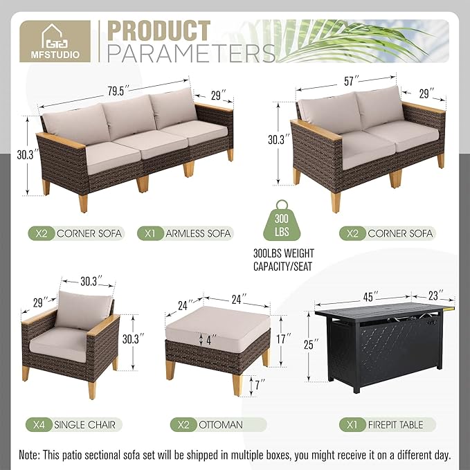 MFSTUDIO 9 Piece Wicker Patio Furniture Set with Fire Pit Table, 2 x Single Chair, 2 x Ottoman, Loveseat Sofa, 3-Seat Sofa, Outdoor Rattan Patio Conversation Set for Garden, Backyard(Beige Cushions)