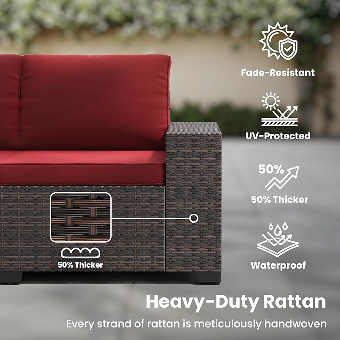 Soohow 6-Piece Patio Furniture Set All-Weather Outdoor Wicker Sectional Conversation Set with Cushion and Glass Table for Garden, Porch, Backyard, Wine Cushions