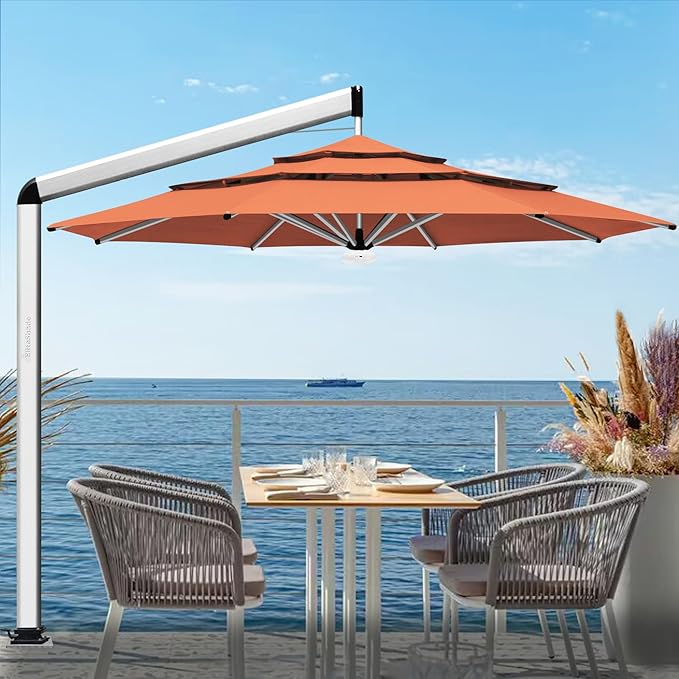 EliteShade USA Atlas 3-Tier 11FT Full Aluminum Cantilever Patio Umbrella for Outdoor Restaurant Garden Courtyard Deck Pool and Marketing with Light (No battery), Rust