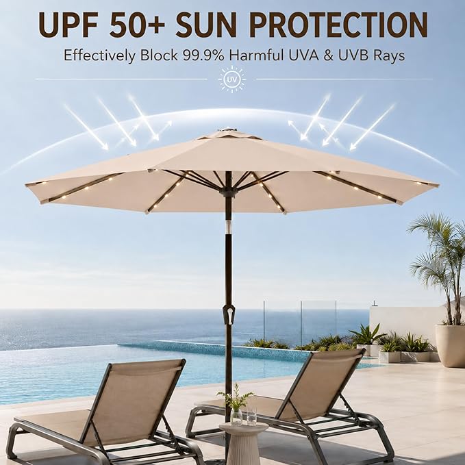 11FT Solar Lighted Patio Umbrella, Outdoor Table Market Umbrellas with Crank Lift, 32 LED Lights, 8 Sturdy Ribs, UV-Resistant for Deck, Garden, Pool