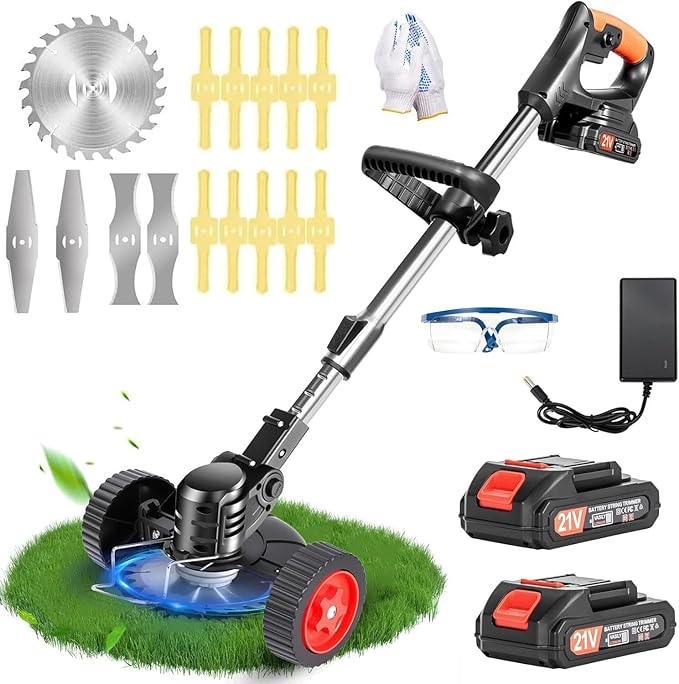 Electric Weed Wacker Cordless Weed Trimmer 21V Stringless Weed Wacker Lightweight 3-in-1 Grass Trimmer/Brush Cutter/Edger with 2pcs Batteries&Wheel, 4Types Blades, for Lawn, Garden & Yard