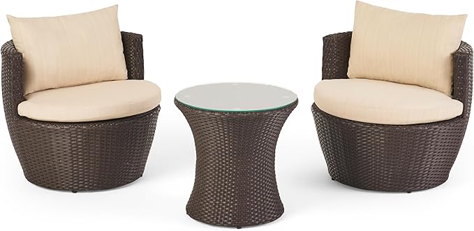 Merax Patio Furniture Set of 3, Outdoor PE Rattan Wicker Chairs with Cushion & Glass Coffee Table for Balcony Garden Front Porch, Patio Conversation Sets for 2, Sturdy Aluminum Frame, Brown+Beige