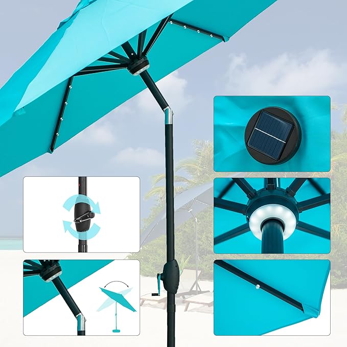 GDY 10Ft Patio Umbrella, Table Umbrella with 40 LED Lights, Outdoor Umbrellas for Patio, with Tilt and Crank, Center Light, for Garden, Deck, Backyard, Pool, and Beach.