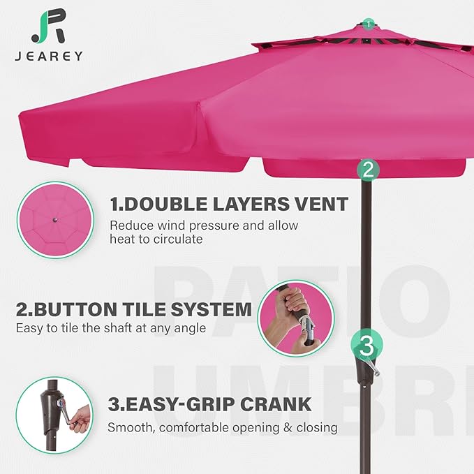 JEAREY 9' 2-Tiers Patio Umbrellas Outdoor Market Table Umbrella w/Push Button Tilt/Crank, 8 Sturdy Ribs, UV Protection Waterproof Sunproof(Rose Pink)